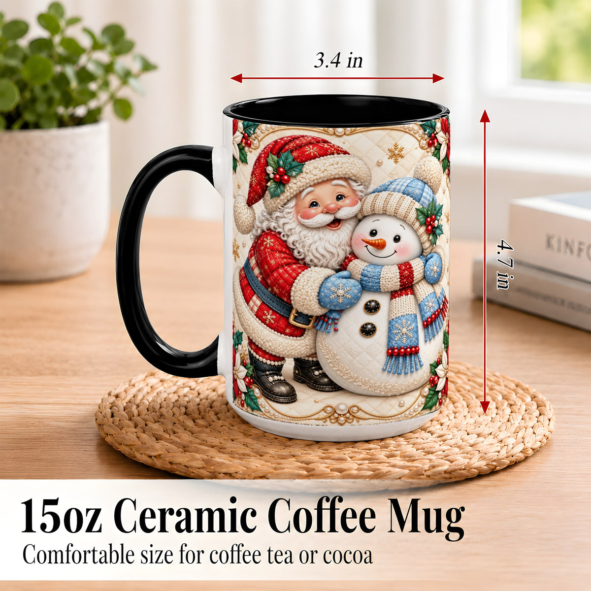 #pl[15oz|Black] Santa Snowman Christmas Coffee Mug, Holiday Mug, Ceramic Cup
