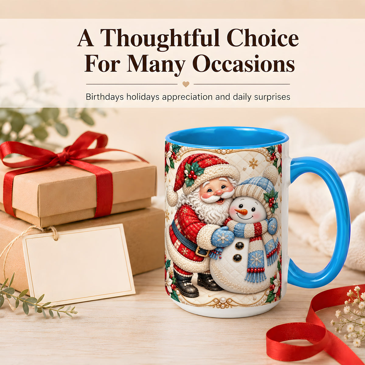 #pl[15oz|Blue] Santa Snowman Christmas Coffee Mug, Holiday Mug, Ceramic Cup