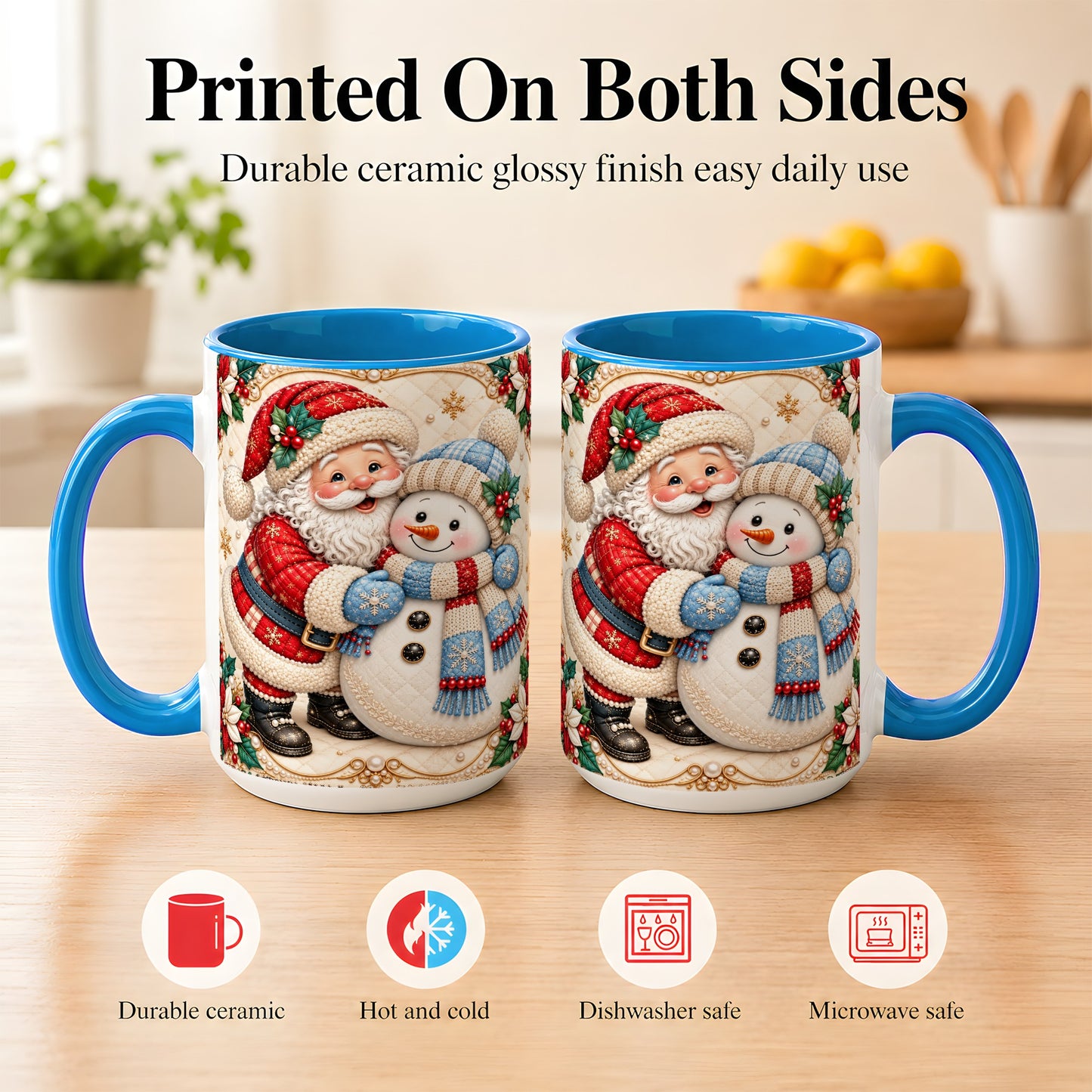 #pl[15oz|Blue] Santa Snowman Christmas Coffee Mug, Holiday Mug, Ceramic Cup
