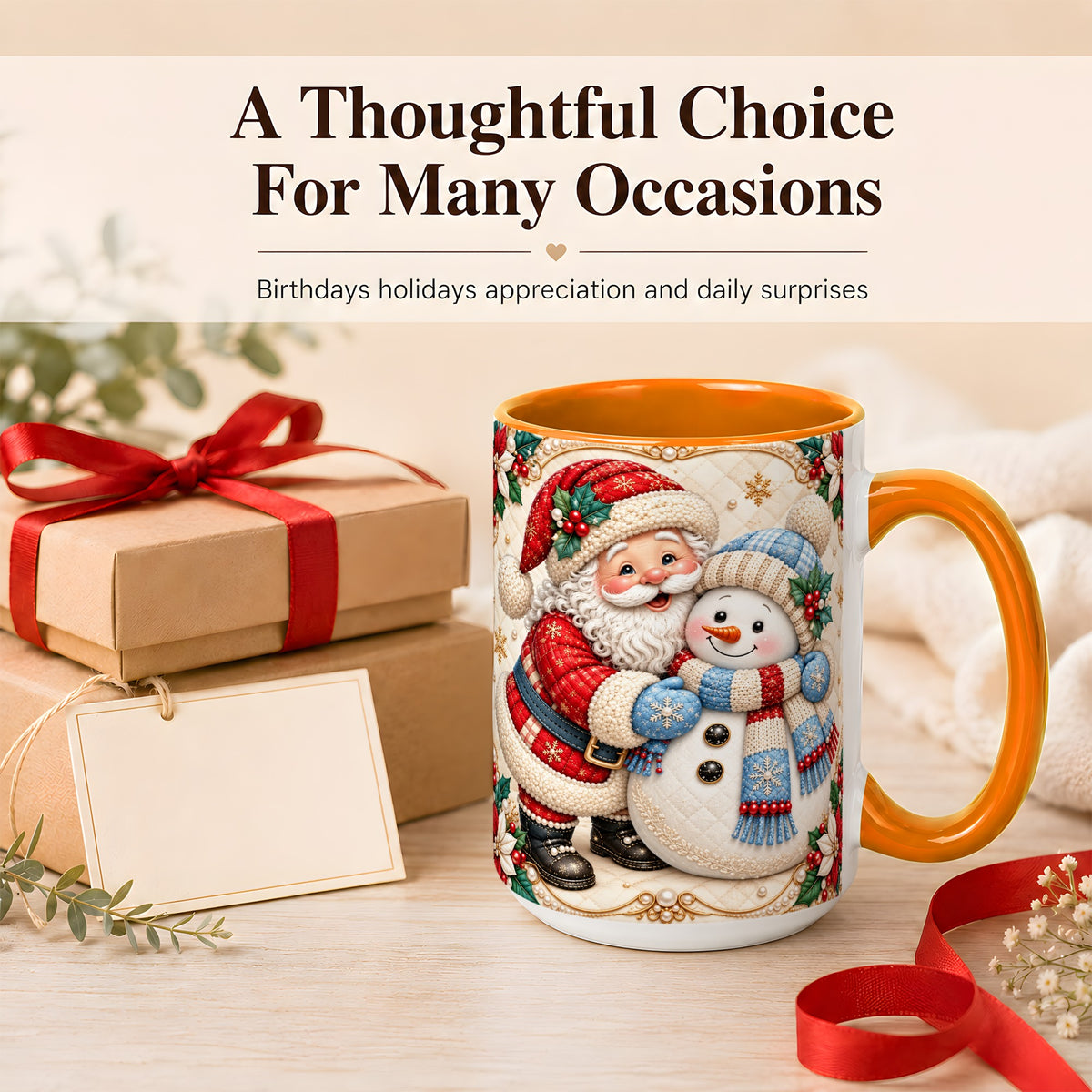 #pl[15oz|Orange] Santa Snowman Christmas Coffee Mug, Holiday Mug, Ceramic Cup