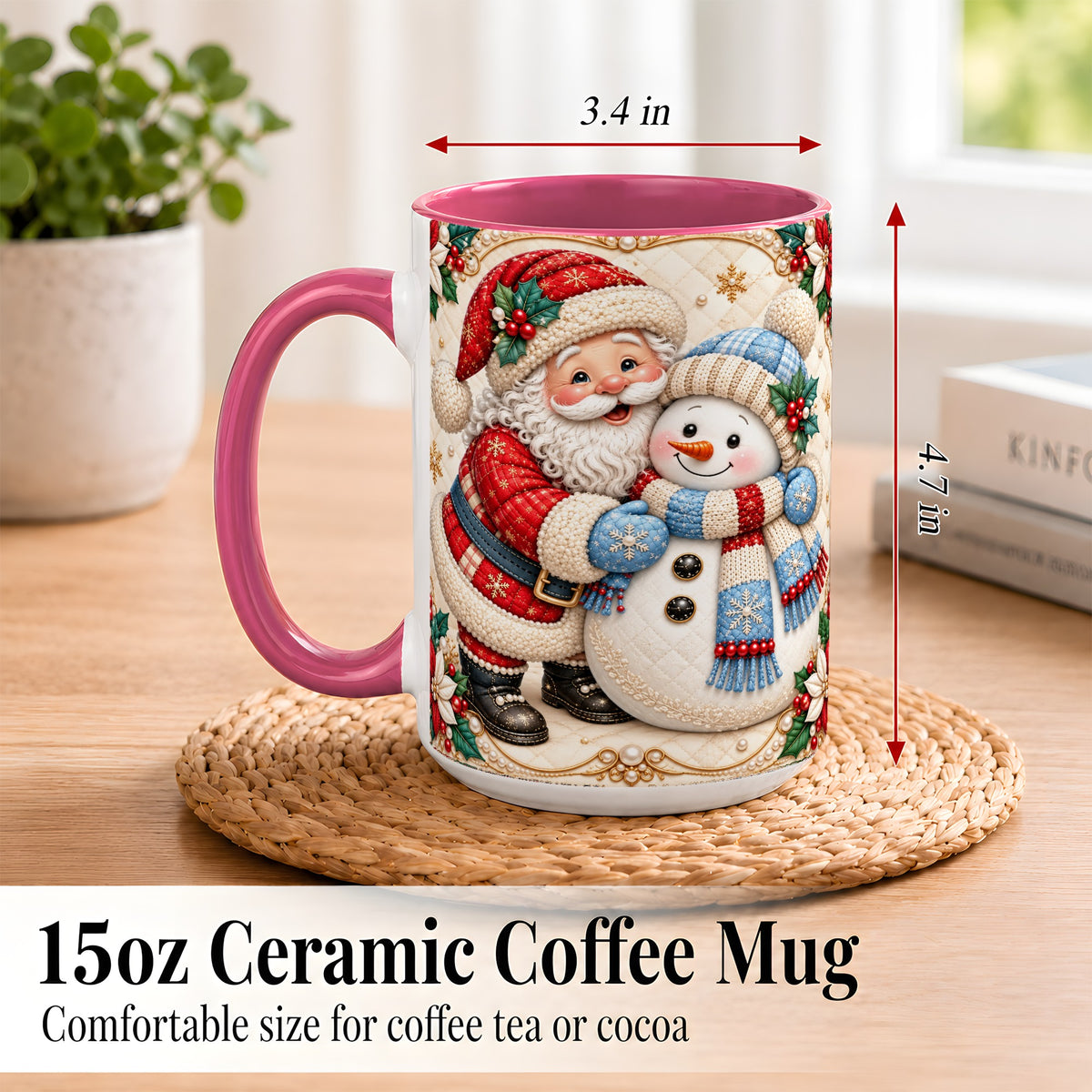 #pl[15oz|Pink] Santa Snowman Christmas Coffee Mug, Holiday Mug, Ceramic Cup