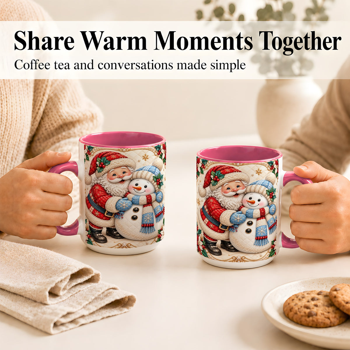 #pl[15oz|Pink] Santa Snowman Christmas Coffee Mug, Holiday Mug, Ceramic Cup