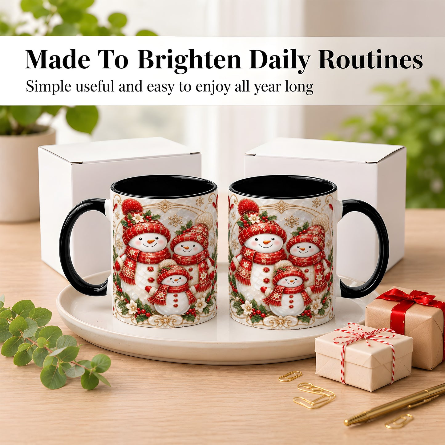 #pl[11oz|Black] Snowman Family Christmas Coffee Mug, Holiday Mug, Ceramic Cup