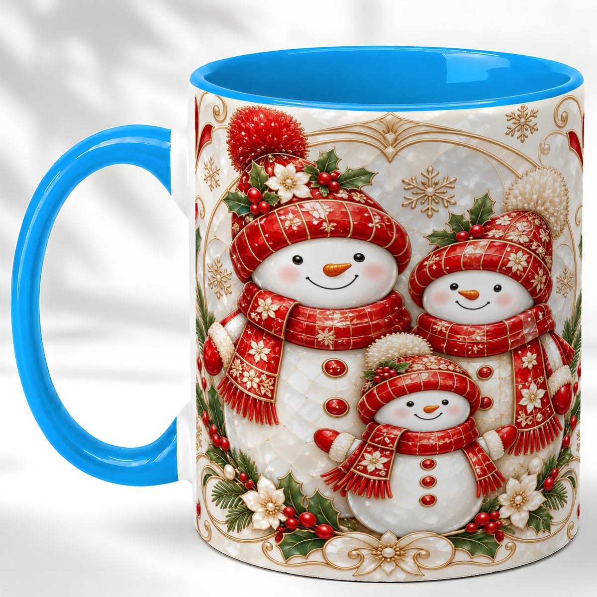 #pl[11oz|Blue] Snowman Family Christmas Coffee Mug, Holiday Mug, Ceramic Cup