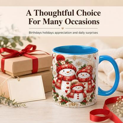 #pl[11oz|Blue] Snowman Family Christmas Coffee Mug, Holiday Mug, Ceramic Cup