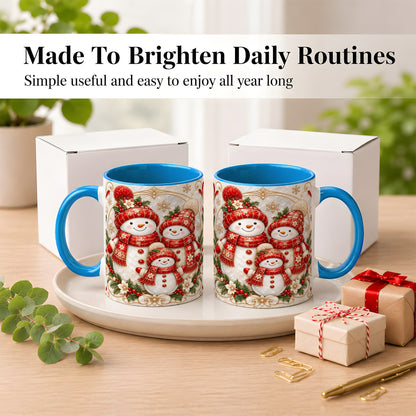 #pl[11oz|Blue] Snowman Family Christmas Coffee Mug, Holiday Mug, Ceramic Cup