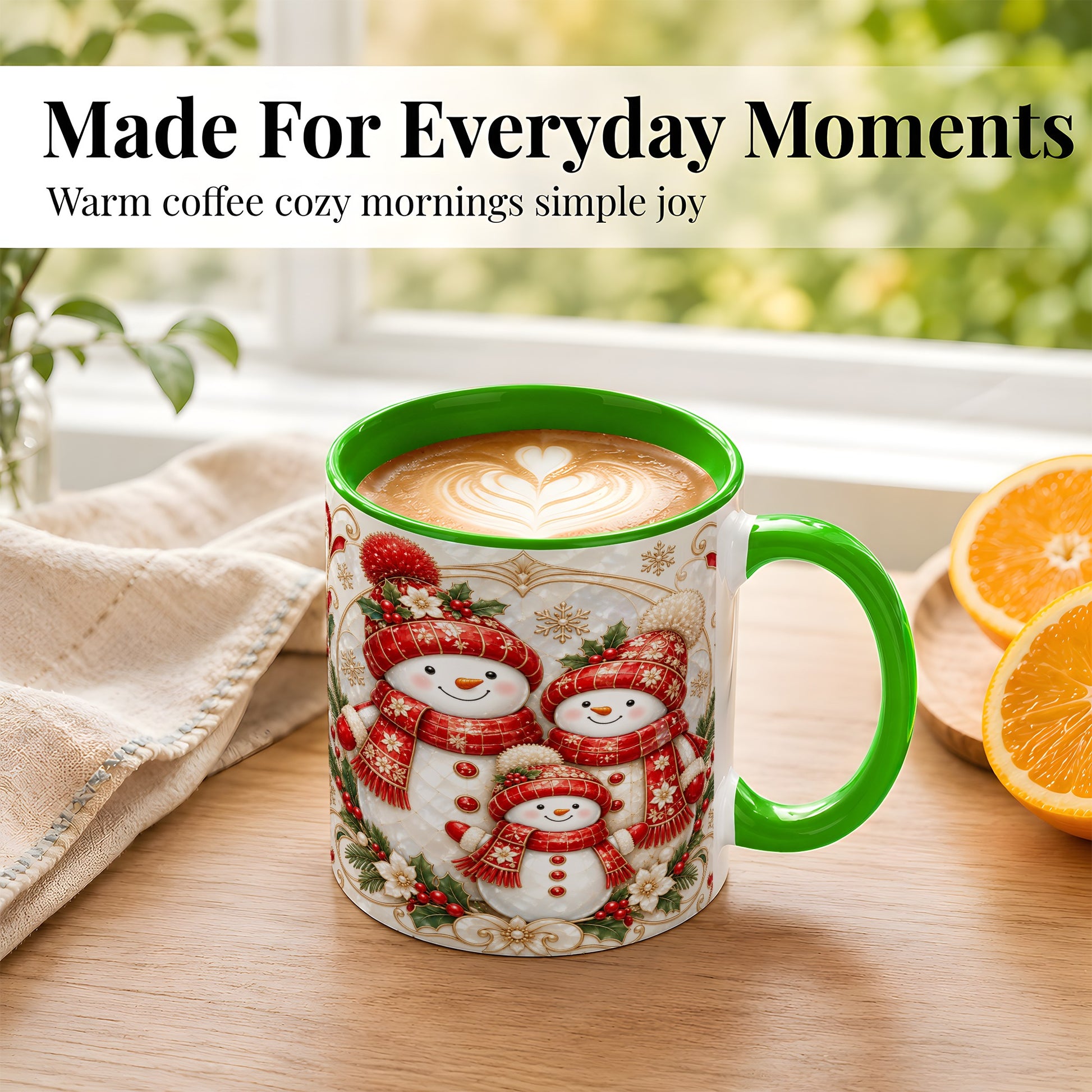 #pl[11oz|Green] Snowman Family Christmas Coffee Mug, Holiday Mug, Ceramic Cup