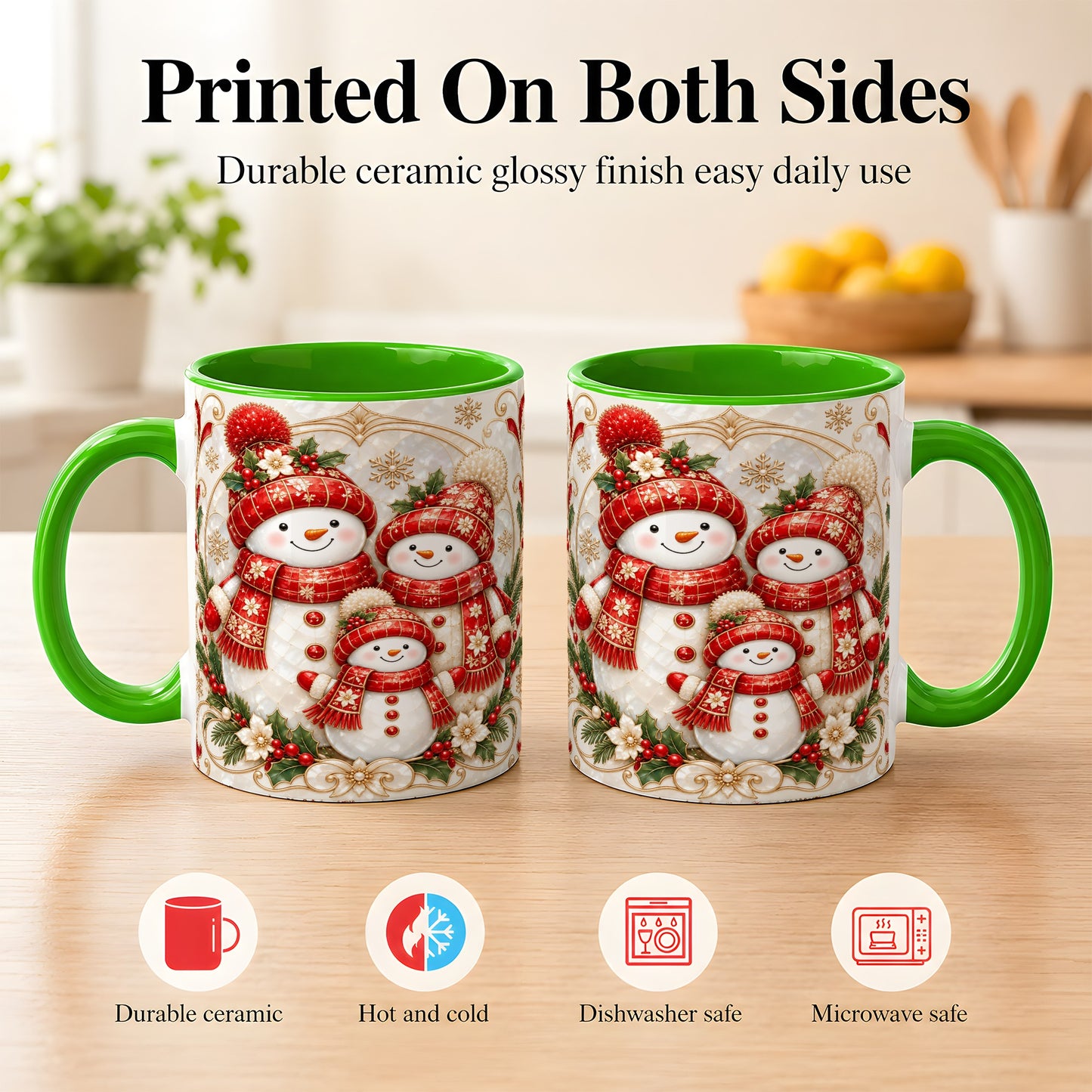 #pl[11oz|Green] Snowman Family Christmas Coffee Mug, Holiday Mug, Ceramic Cup