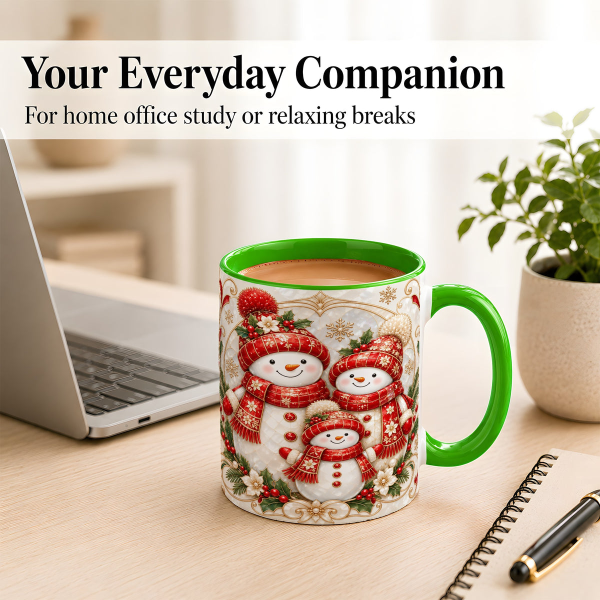 #pl[11oz|Green] Snowman Family Christmas Coffee Mug, Holiday Mug, Ceramic Cup