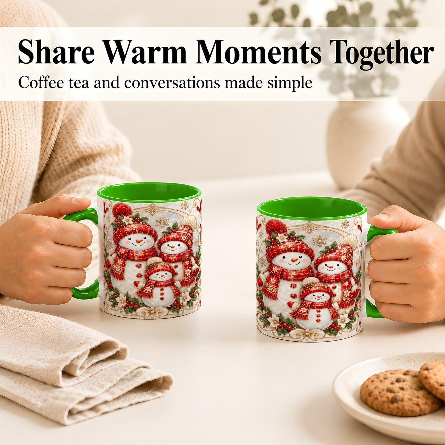 #pl[11oz|Green] Snowman Family Christmas Coffee Mug, Holiday Mug, Ceramic Cup