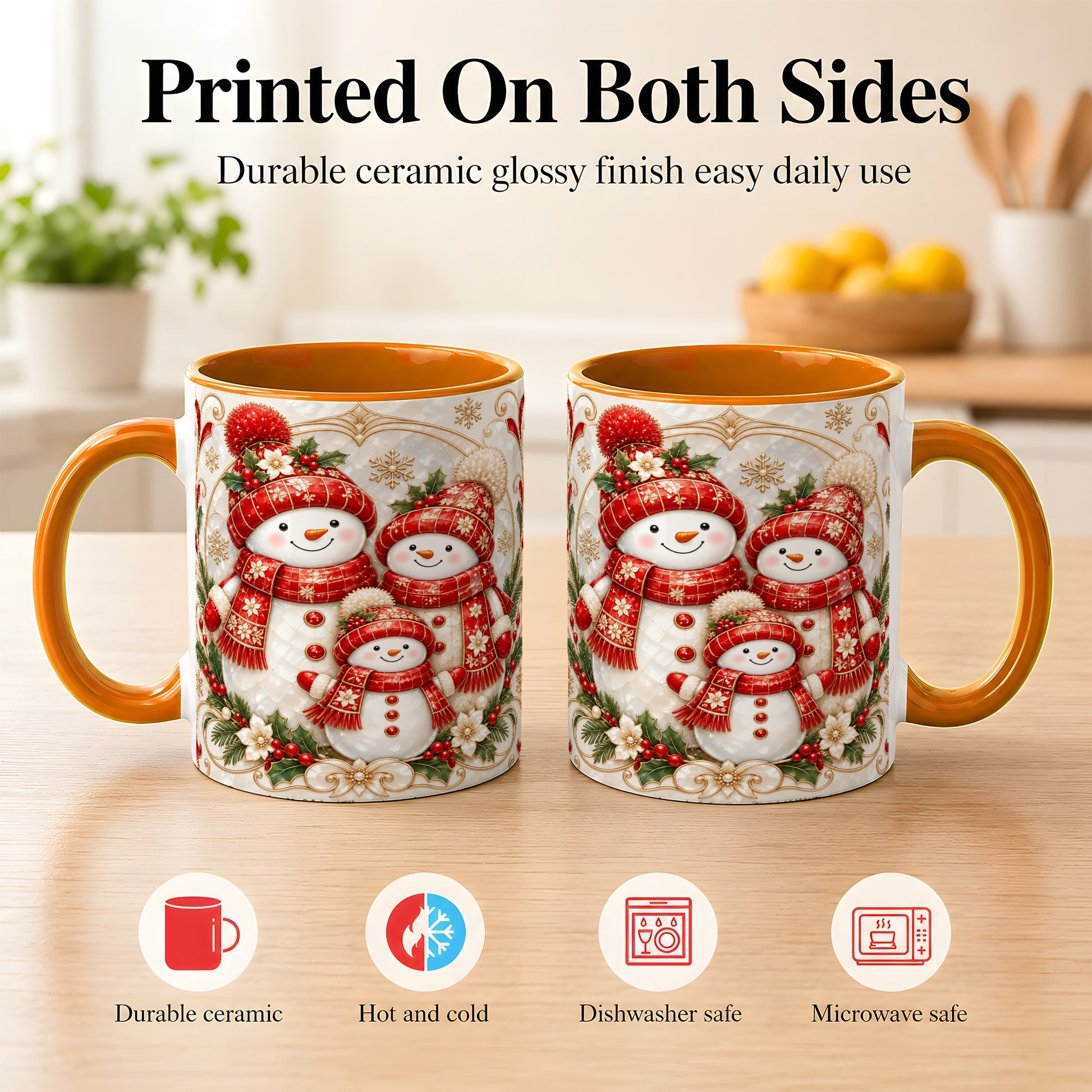 #pl[11oz|Orange] Snowman Family Christmas Coffee Mug, Holiday Mug, Ceramic Cup