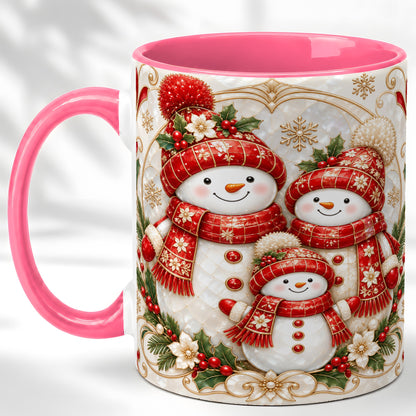 #pl[11oz|Pink] Snowman Family Christmas Coffee Mug, Holiday Mug, Ceramic Cup