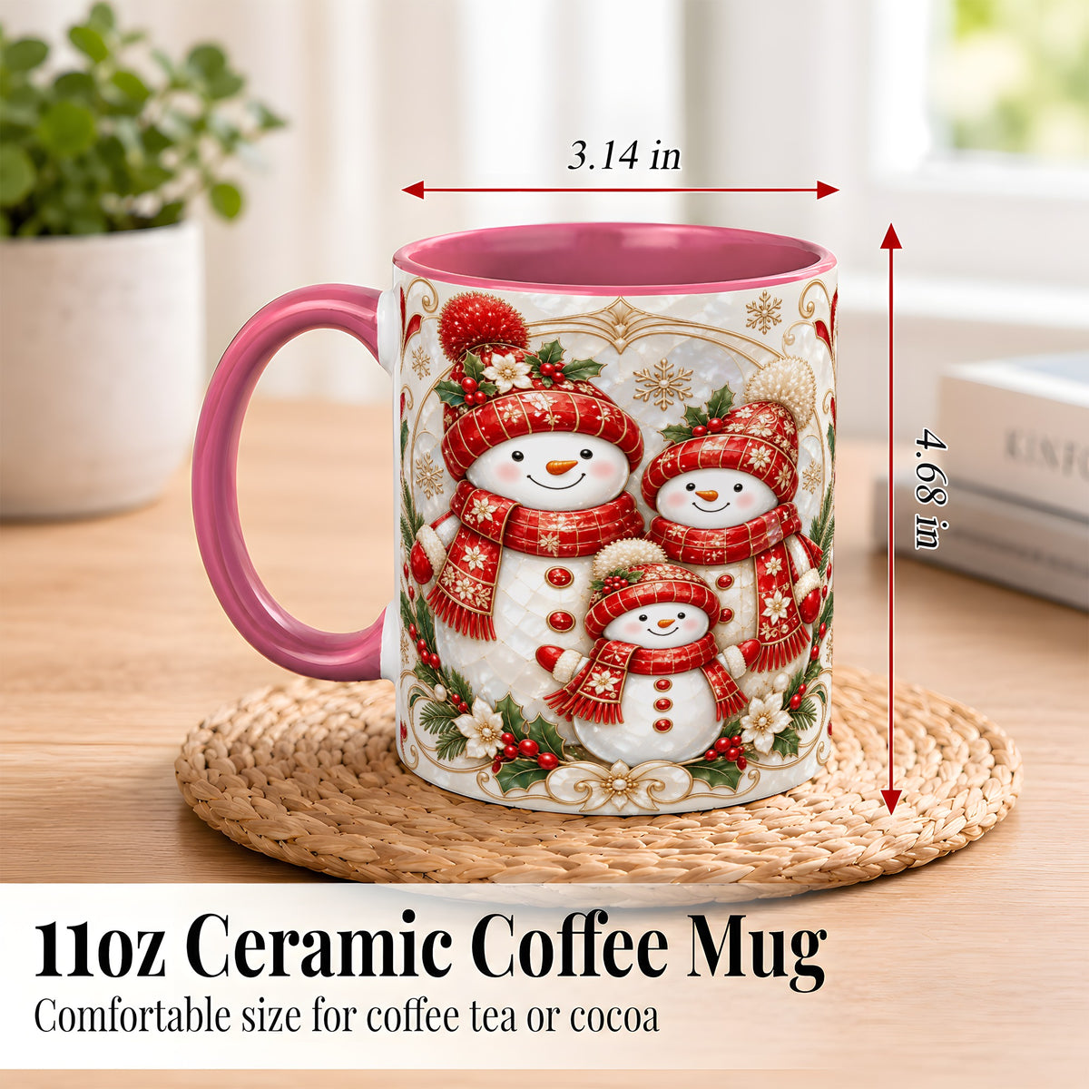 #pl[11oz|Pink] Snowman Family Christmas Coffee Mug, Holiday Mug, Ceramic Cup