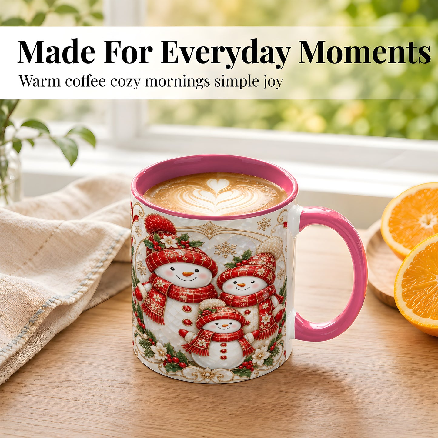 #pl[11oz|Pink] Snowman Family Christmas Coffee Mug, Holiday Mug, Ceramic Cup