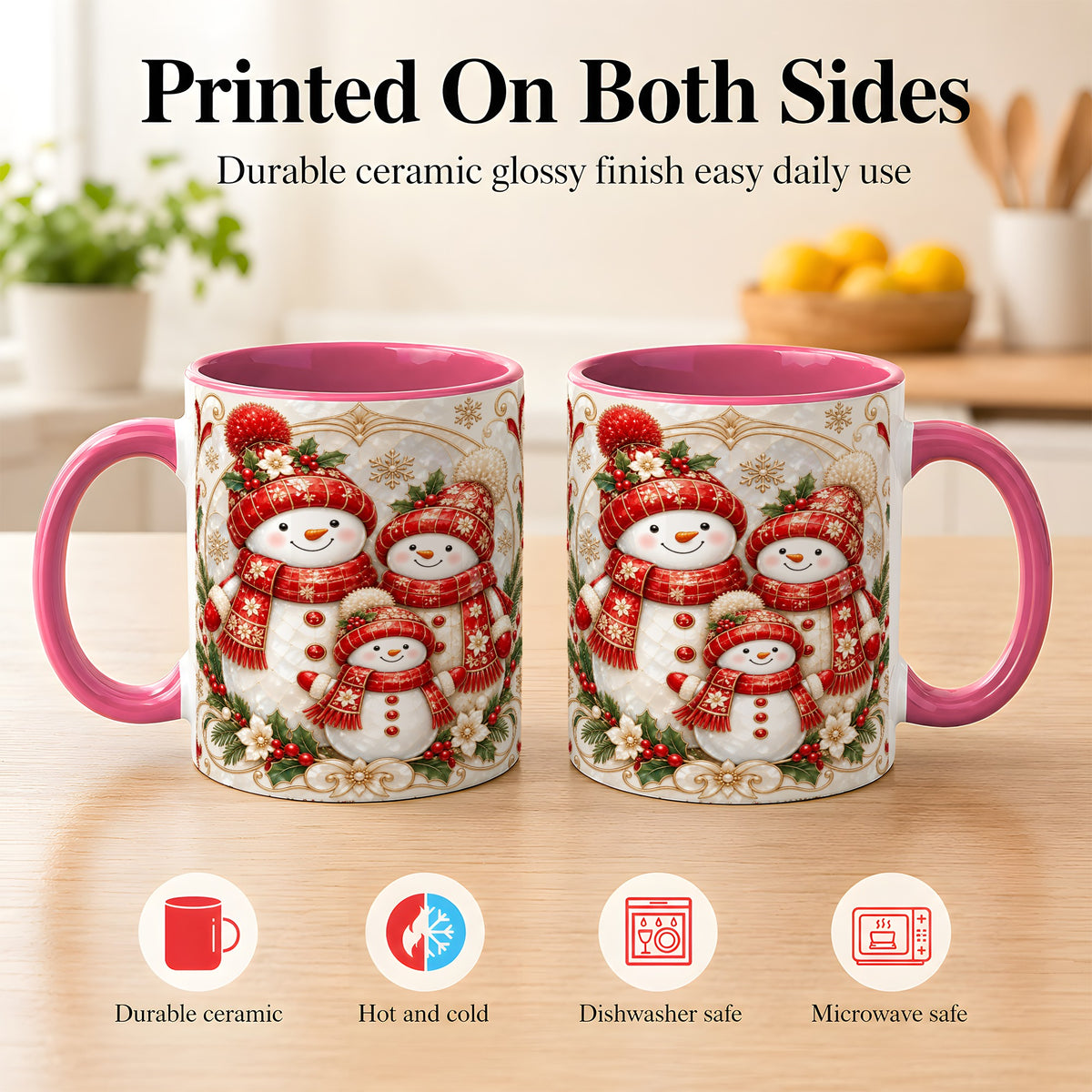 #pl[11oz|Pink] Snowman Family Christmas Coffee Mug, Holiday Mug, Ceramic Cup