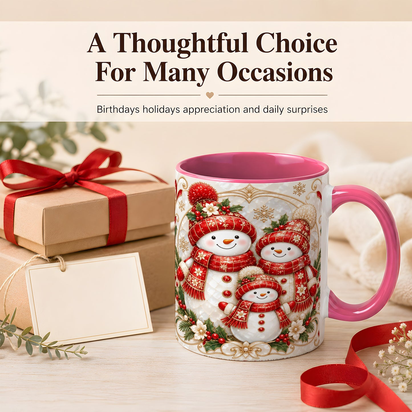 #pl[11oz|Pink] Snowman Family Christmas Coffee Mug, Holiday Mug, Ceramic Cup