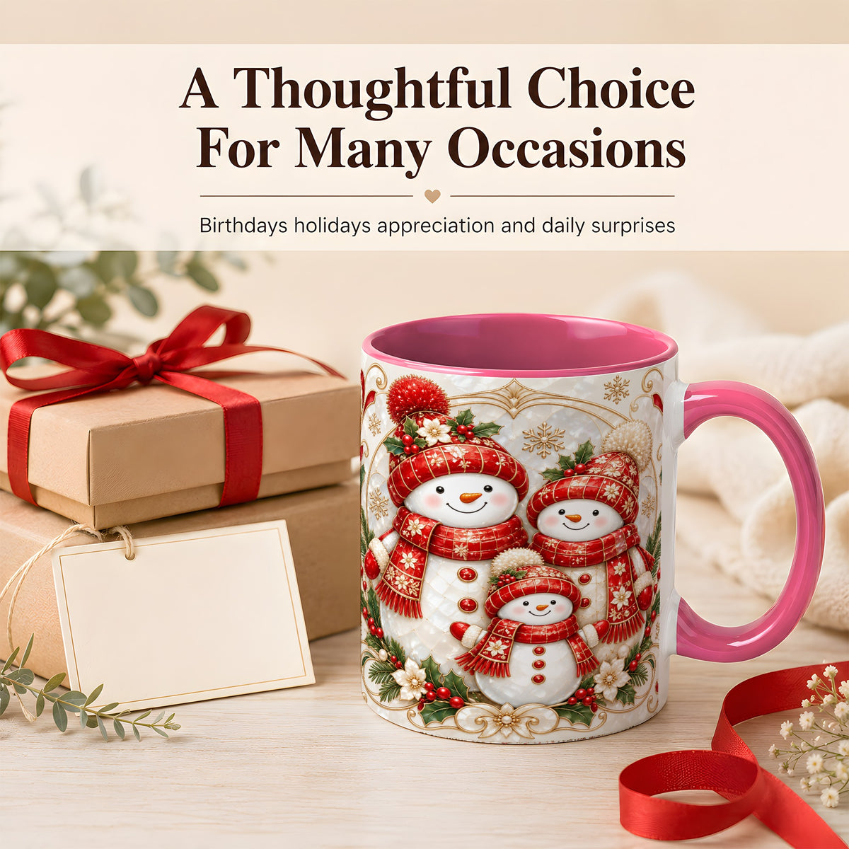 #pl[11oz|Pink] Snowman Family Christmas Coffee Mug, Holiday Mug, Ceramic Cup