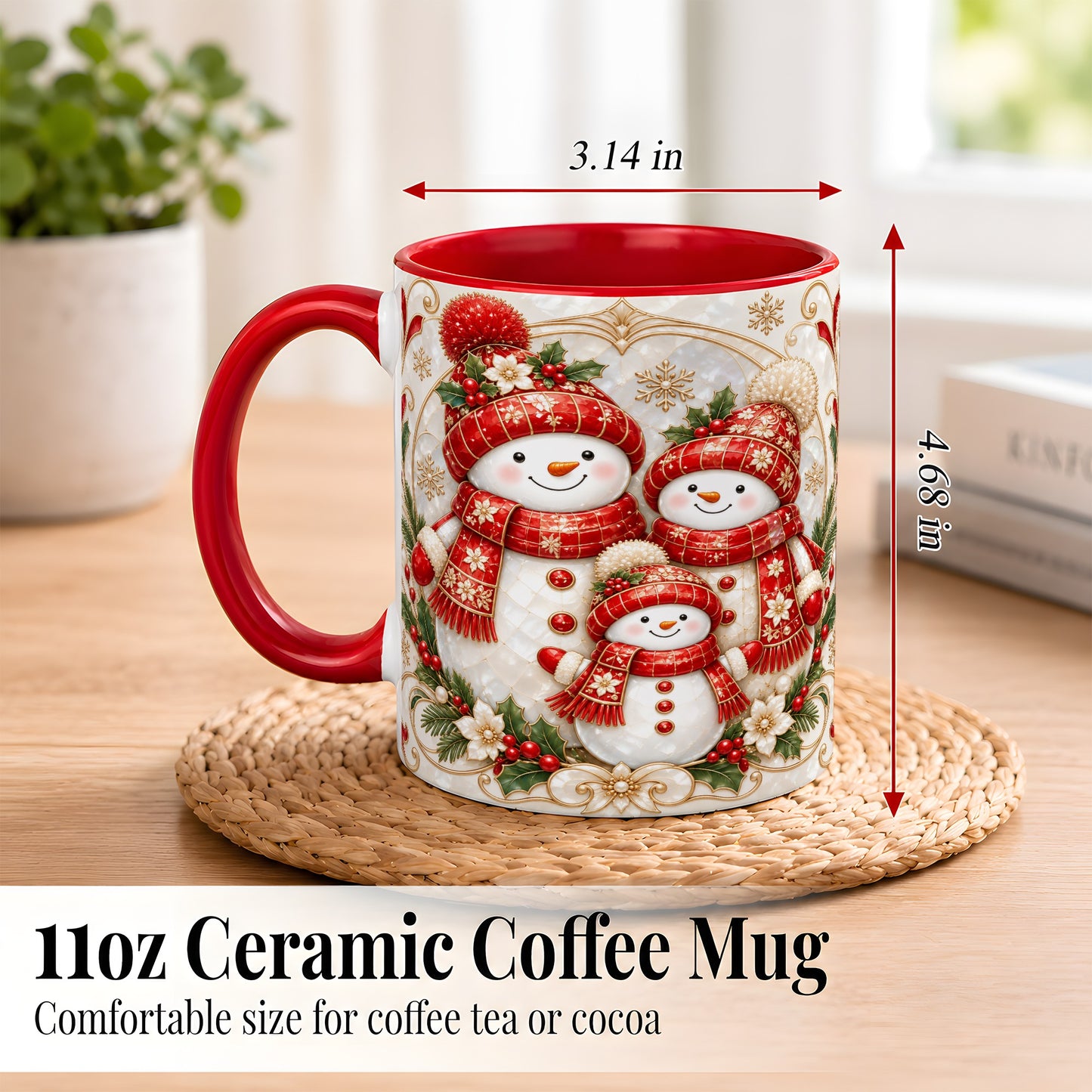 #pl[11oz|Red] Snowman Family Christmas Coffee Mug, Holiday Mug, Ceramic Cup