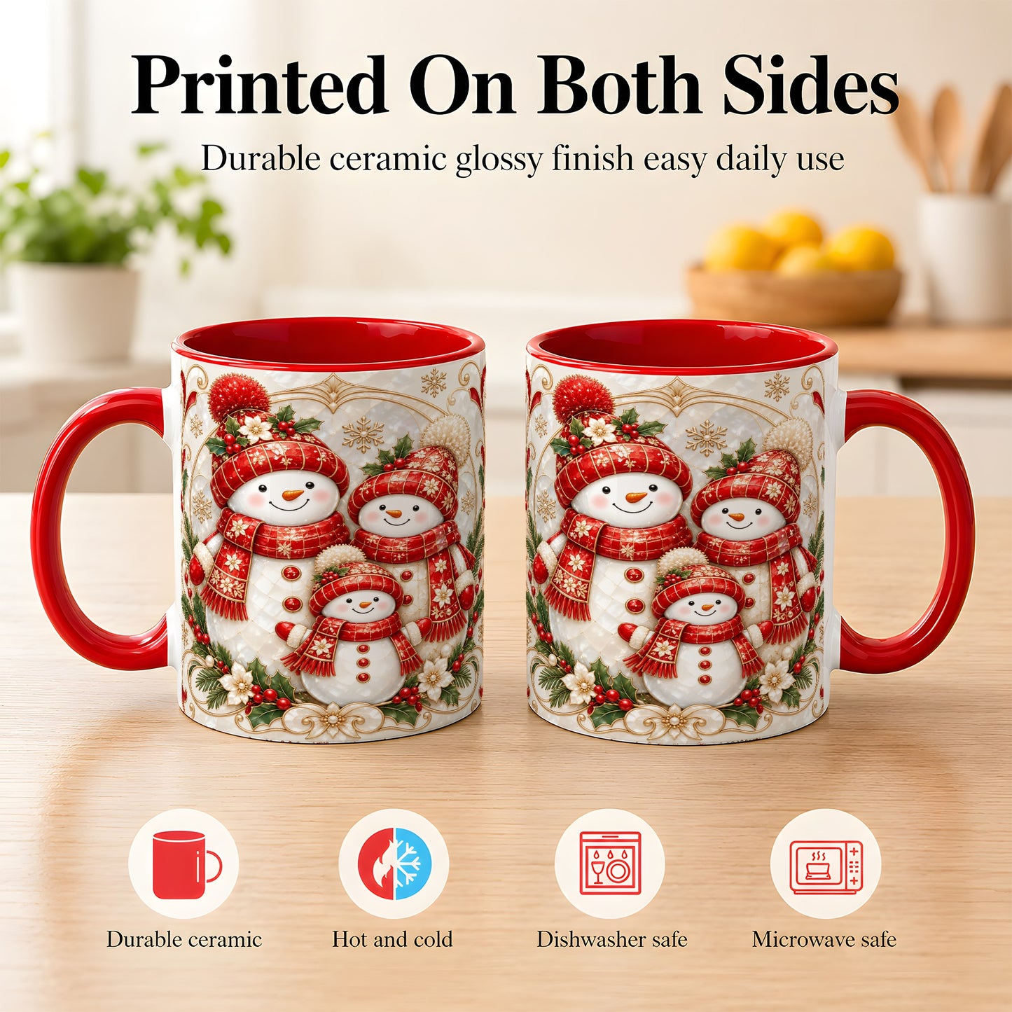 #pl[11oz|Red] Snowman Family Christmas Coffee Mug, Holiday Mug, Ceramic Cup