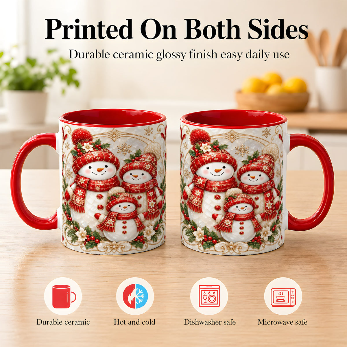#pl[11oz|Red] Snowman Family Christmas Coffee Mug, Holiday Mug, Ceramic Cup