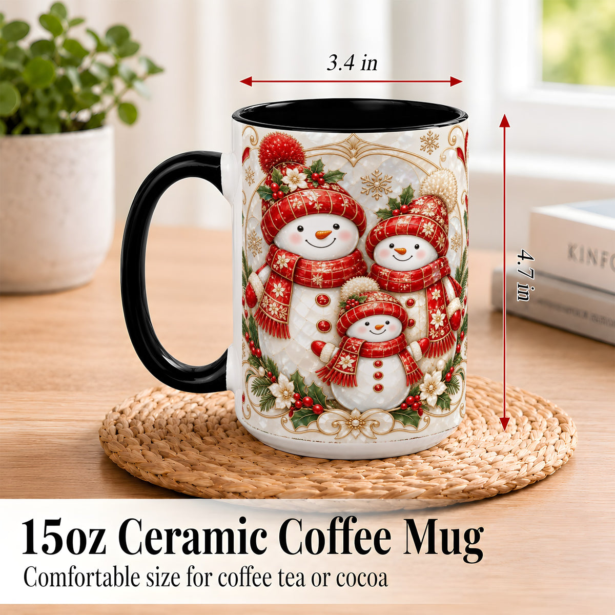 #pl[15oz|Black] Snowman Family Christmas Coffee Mug, Holiday Mug, Ceramic Cup