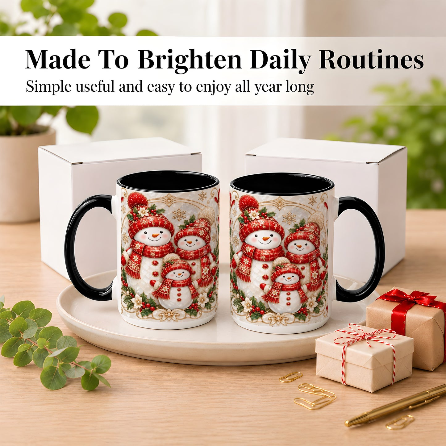 #pl[15oz|Black] Snowman Family Christmas Coffee Mug, Holiday Mug, Ceramic Cup