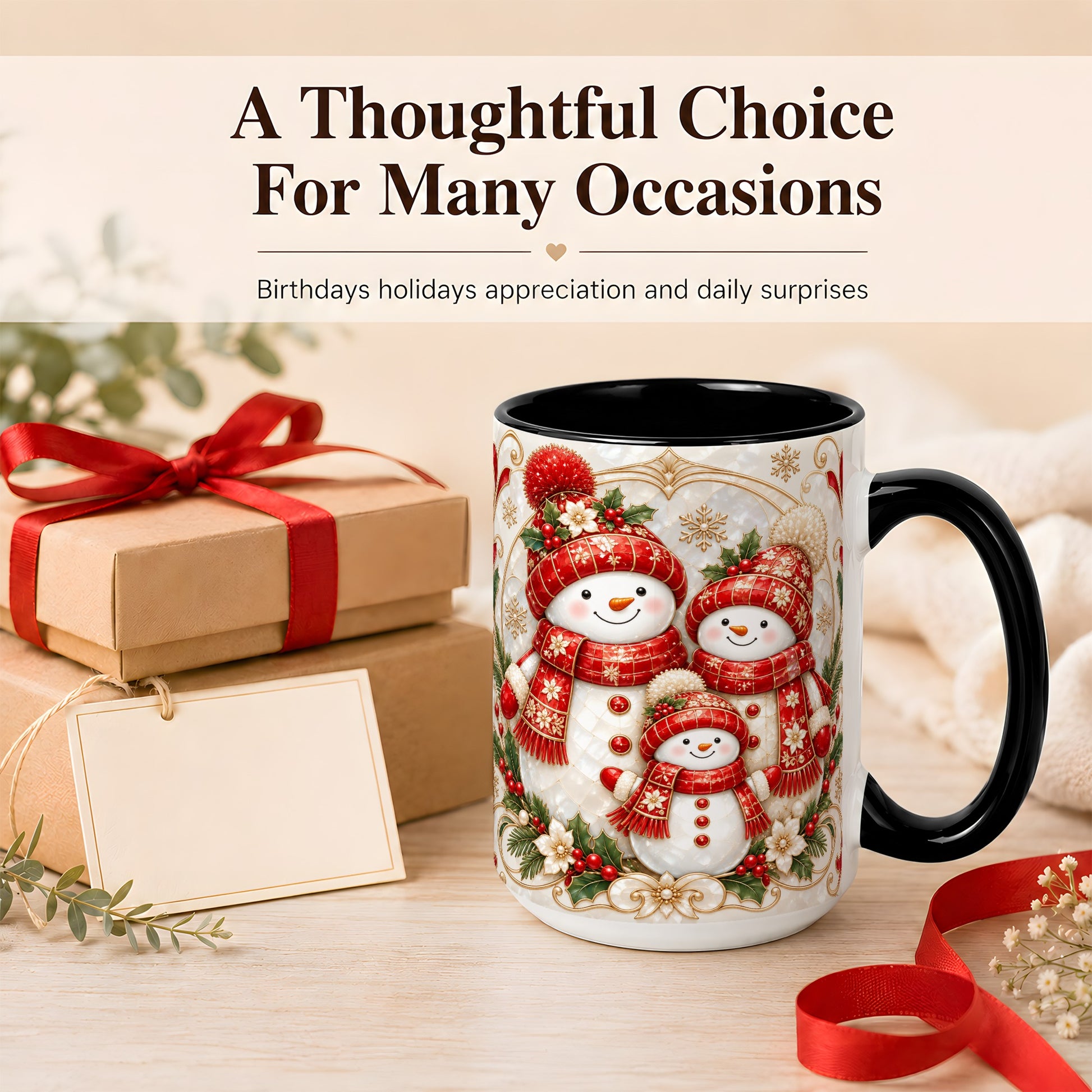 #pl[15oz|Black] Snowman Family Christmas Coffee Mug, Holiday Mug, Ceramic Cup