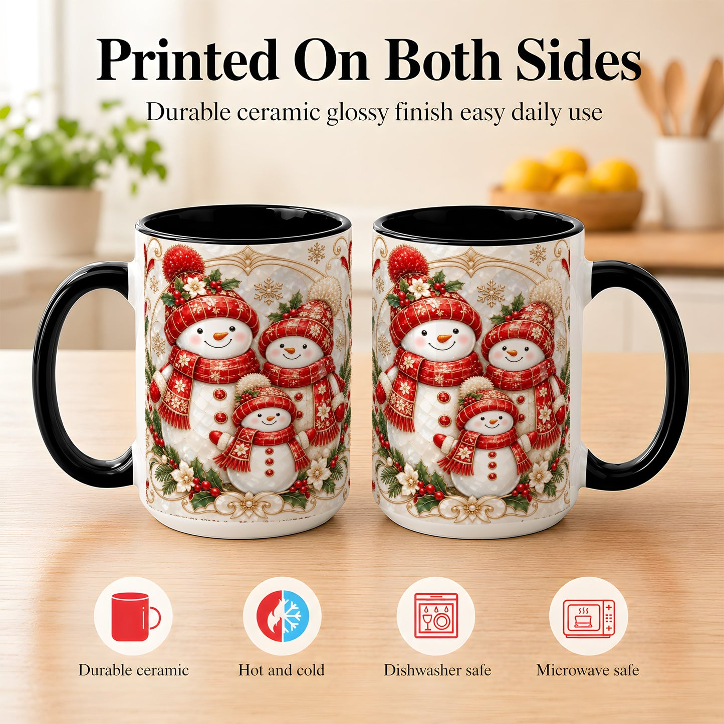 #pl[15oz|Black] Snowman Family Christmas Coffee Mug, Holiday Mug, Ceramic Cup