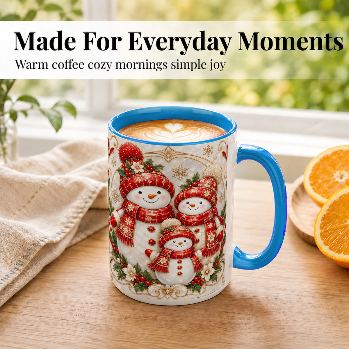 #pl[15oz|Blue] Snowman Family Christmas Coffee Mug, Holiday Mug, Ceramic Cup