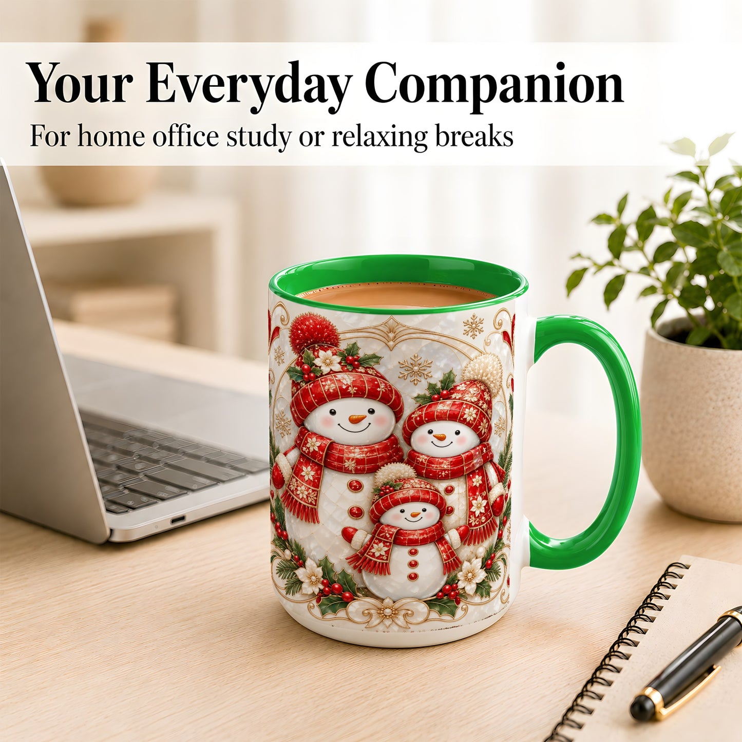 #pl[15oz|Green] Snowman Family Christmas Coffee Mug, Holiday Mug, Ceramic Cup