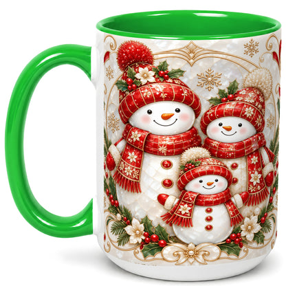 #pl[15oz|Green] Snowman Family Christmas Coffee Mug, Holiday Mug, Ceramic Cup