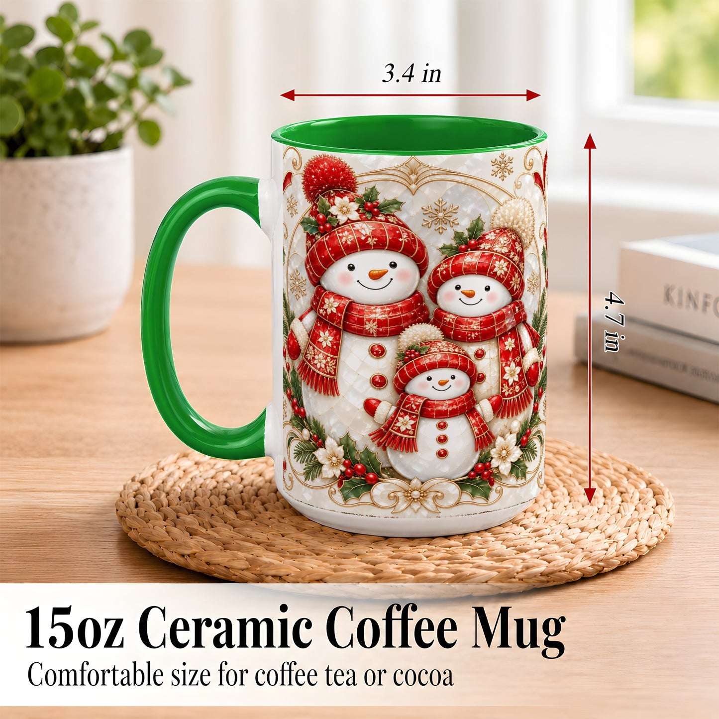 #pl[15oz|Green] Snowman Family Christmas Coffee Mug, Holiday Mug, Ceramic Cup