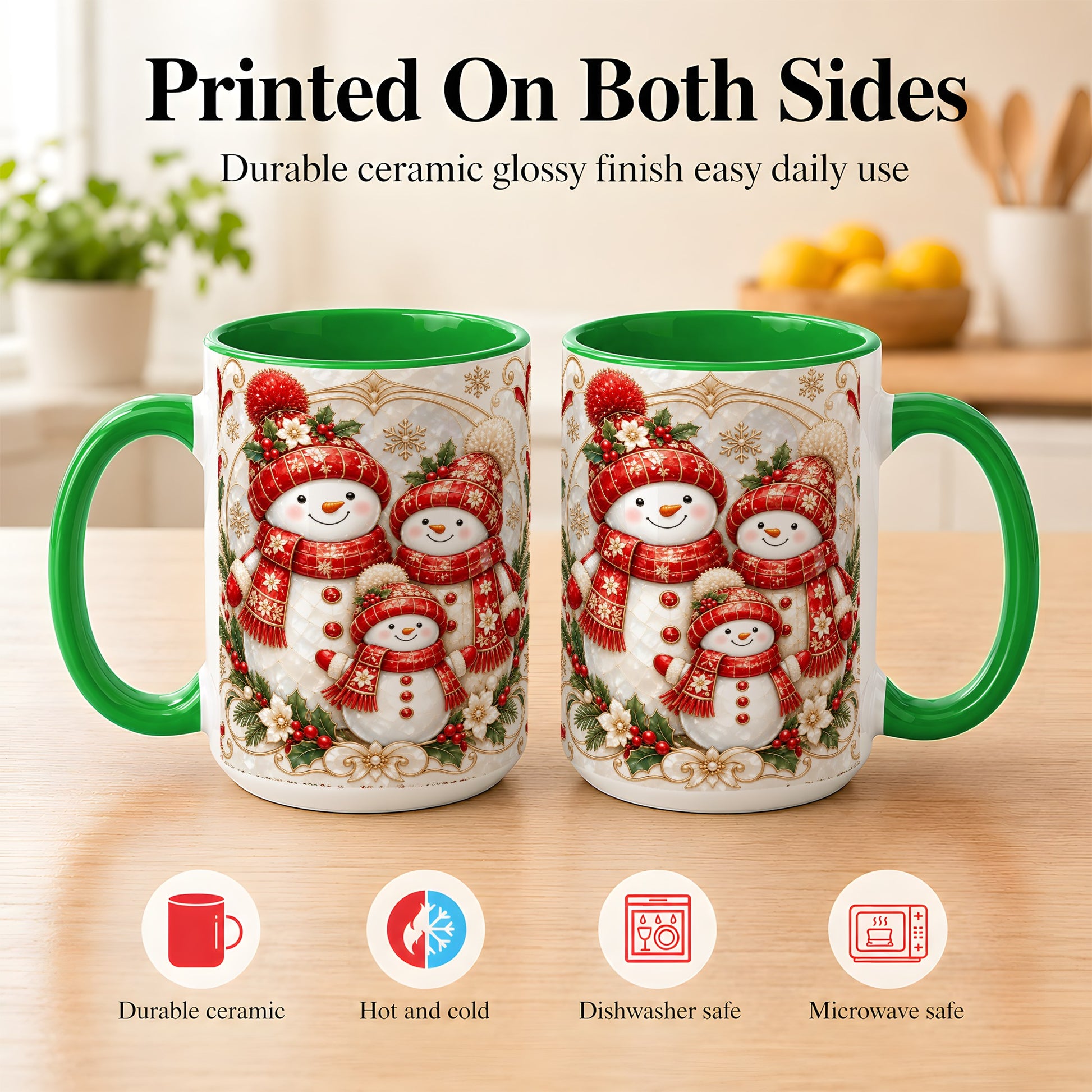 #pl[15oz|Green] Snowman Family Christmas Coffee Mug, Holiday Mug, Ceramic Cup