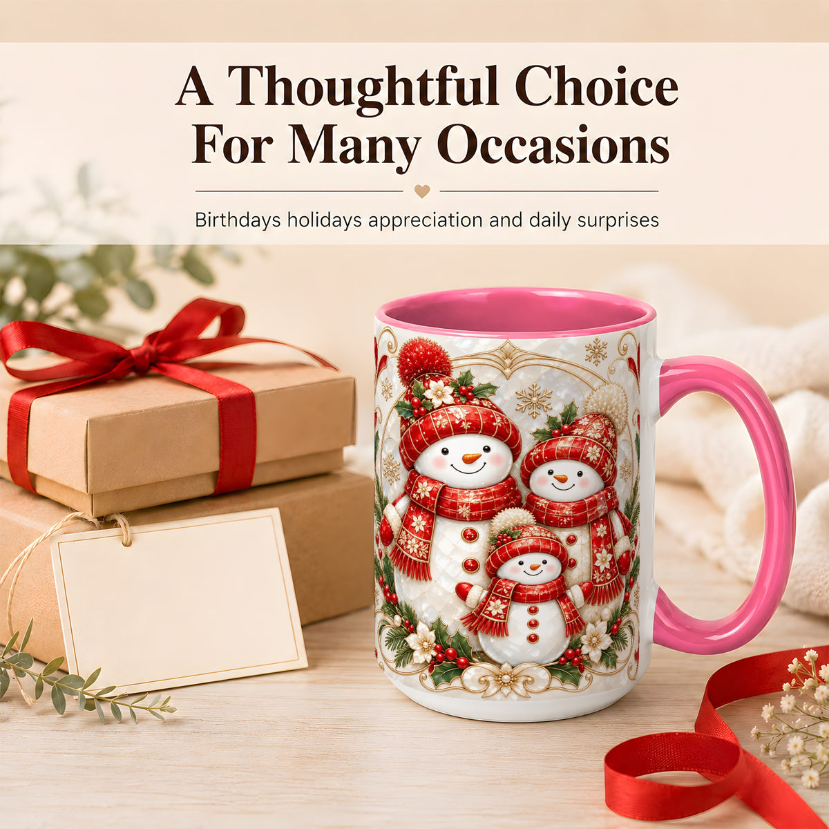 #pl[15oz|Pink] Snowman Family Christmas Coffee Mug, Holiday Mug, Ceramic Cup