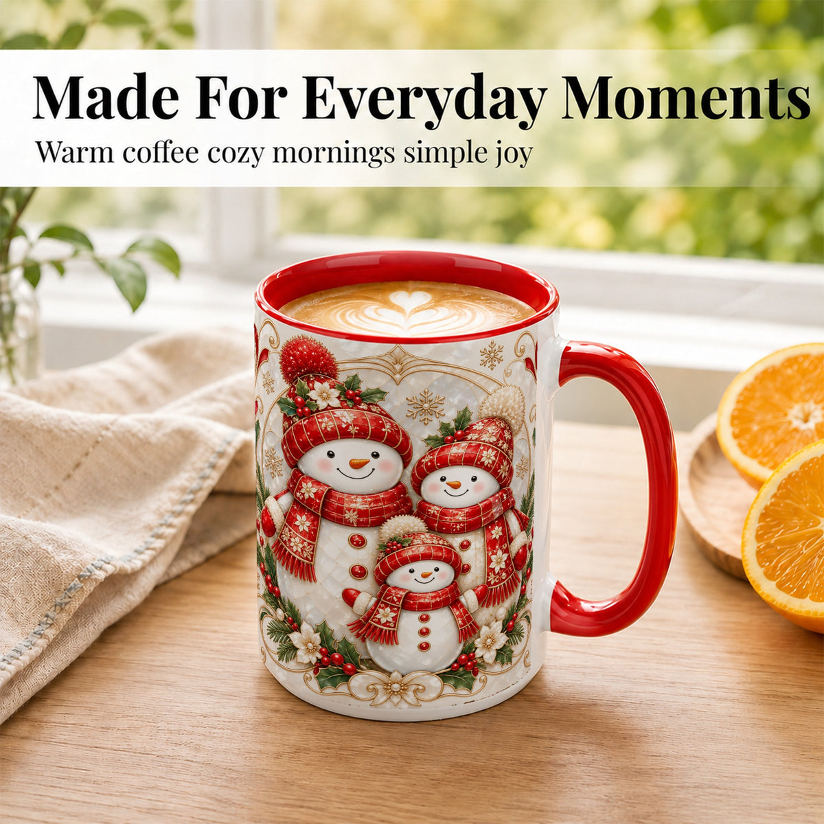 #pl[15oz|Red] Snowman Family Christmas Coffee Mug, Holiday Mug, Ceramic Cup