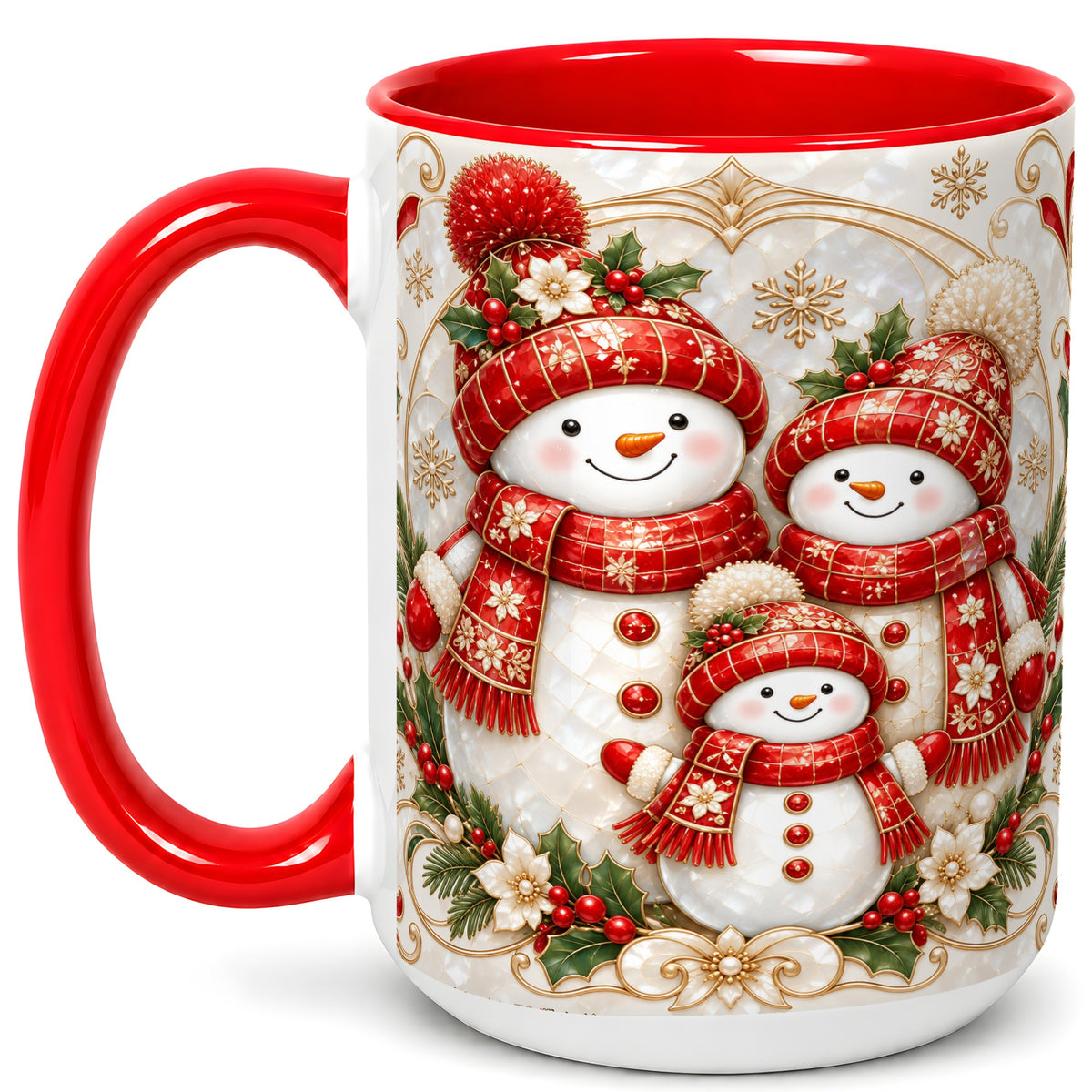 #pl[15oz|Red] Snowman Family Christmas Coffee Mug, Holiday Mug, Ceramic Cup