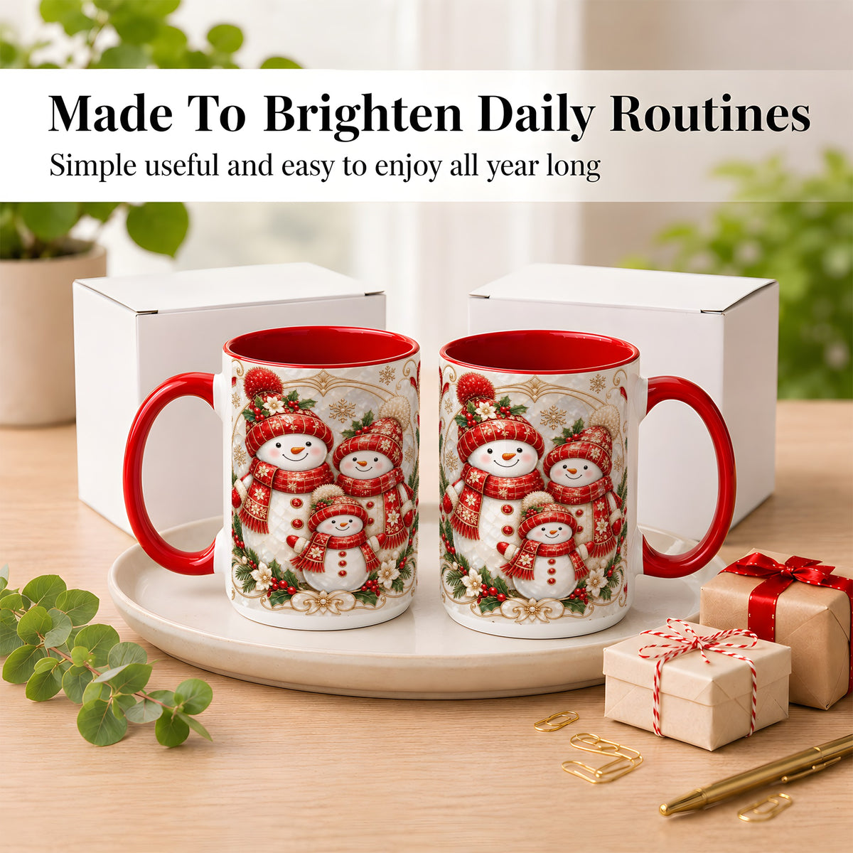 #pl[15oz|Red] Snowman Family Christmas Coffee Mug, Holiday Mug, Ceramic Cup