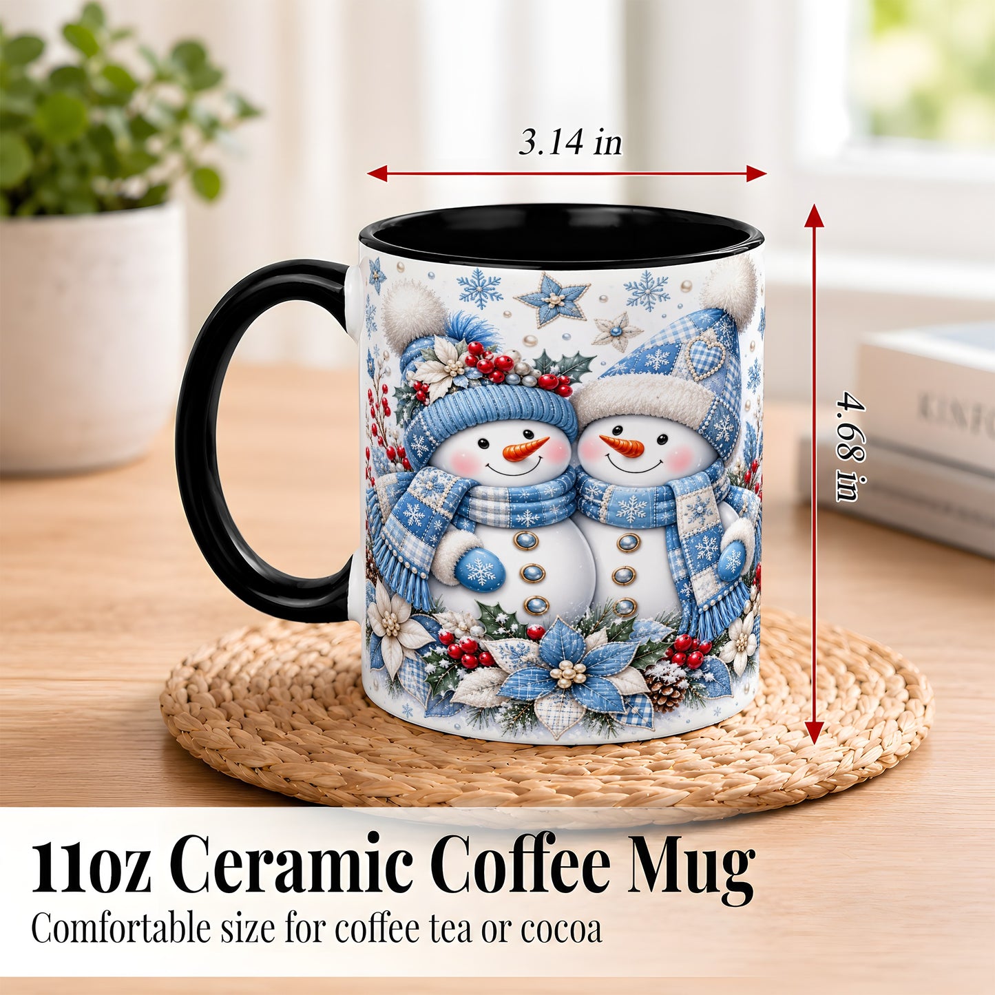 #pl[11oz|Black] Snowman Couple Christmas Coffee Mug, Patchwork Winter Mug, Ceramic Cup