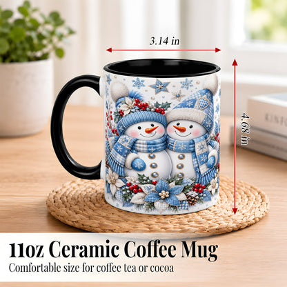 #pl[11oz|Black] Snowman Couple Christmas Coffee Mug, Patchwork Winter Mug, Ceramic Cup