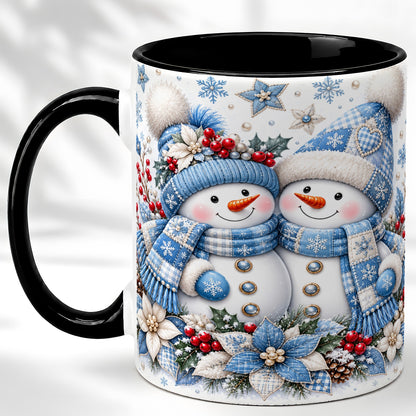 #pl[11oz|Black] Snowman Couple Christmas Coffee Mug, Patchwork Winter Mug, Ceramic Cup