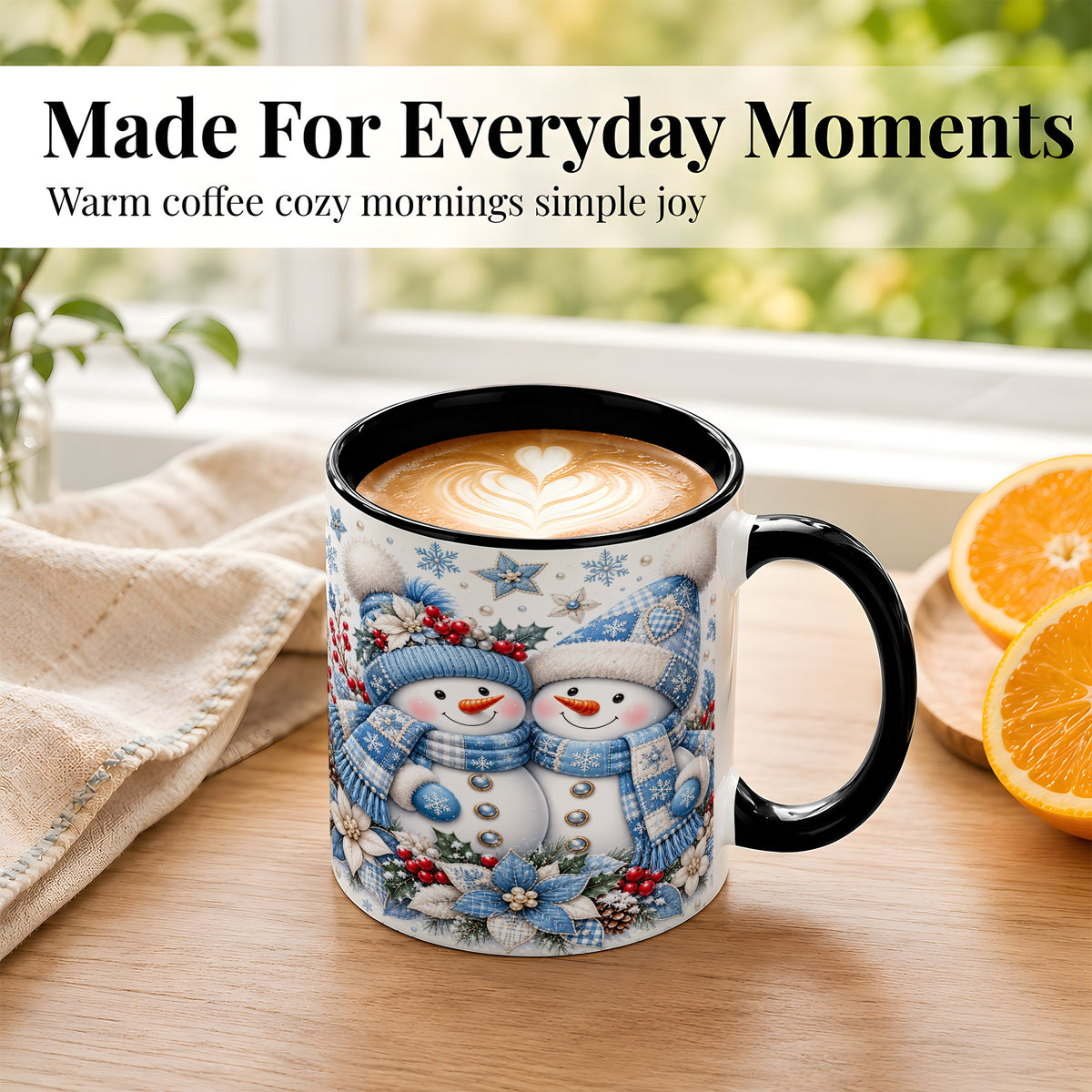 #pl[11oz|Black] Snowman Couple Christmas Coffee Mug, Patchwork Winter Mug, Ceramic Cup