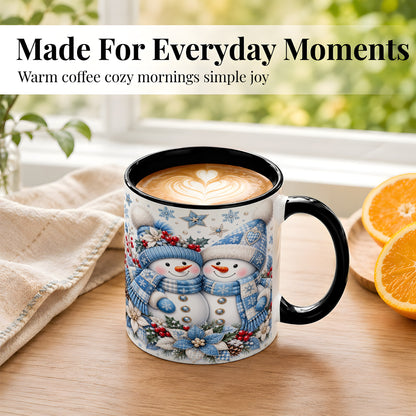 #pl[11oz|Black] Snowman Couple Christmas Coffee Mug, Patchwork Winter Mug, Ceramic Cup