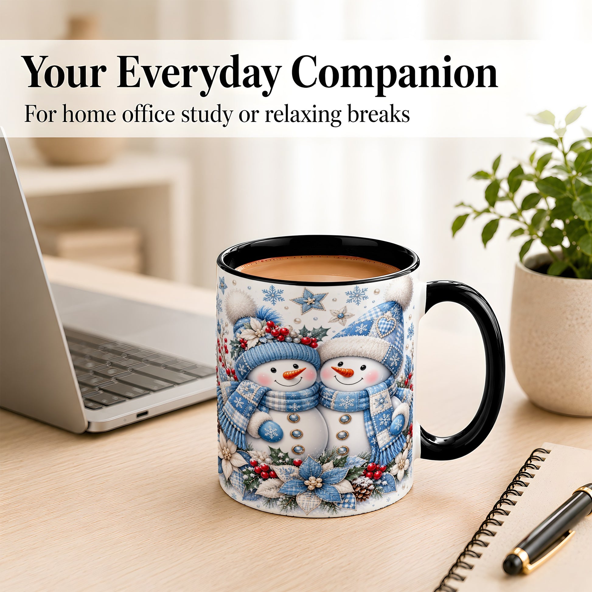 #pl[11oz|Black] Snowman Couple Christmas Coffee Mug, Patchwork Winter Mug, Ceramic Cup