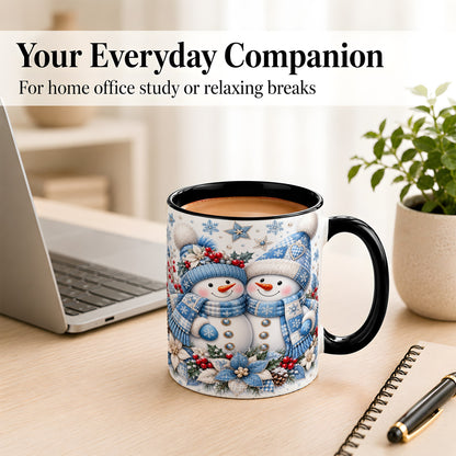 #pl[11oz|Black] Snowman Couple Christmas Coffee Mug, Patchwork Winter Mug, Ceramic Cup