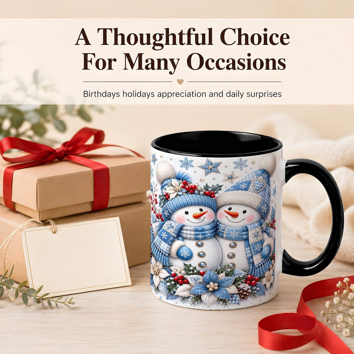 #pl[11oz|Black] Snowman Couple Christmas Coffee Mug, Patchwork Winter Mug, Ceramic Cup
