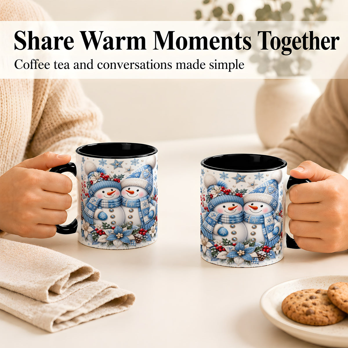 #pl[11oz|Black] Snowman Couple Christmas Coffee Mug, Patchwork Winter Mug, Ceramic Cup
