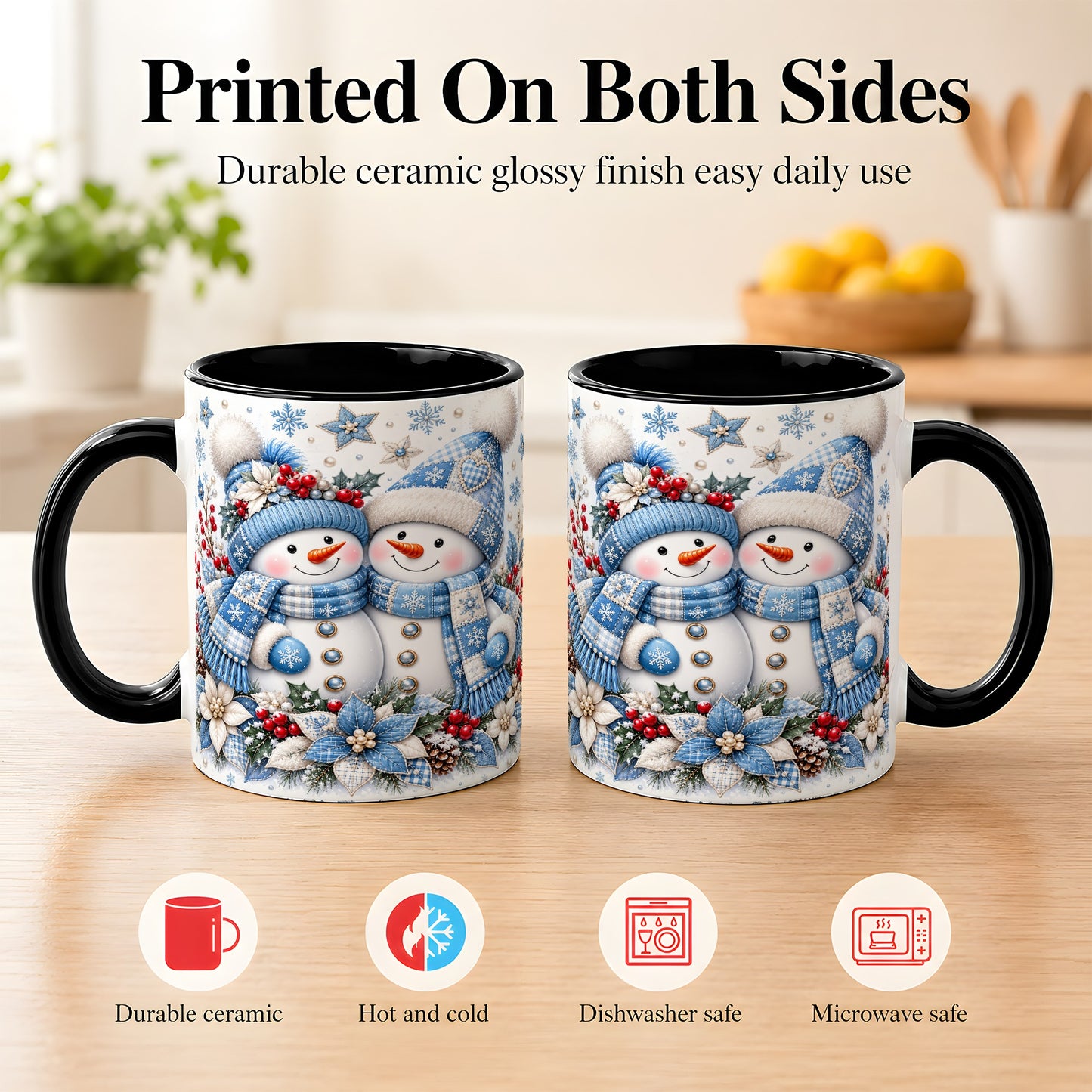 #pl[11oz|Black] Snowman Couple Christmas Coffee Mug, Patchwork Winter Mug, Ceramic Cup