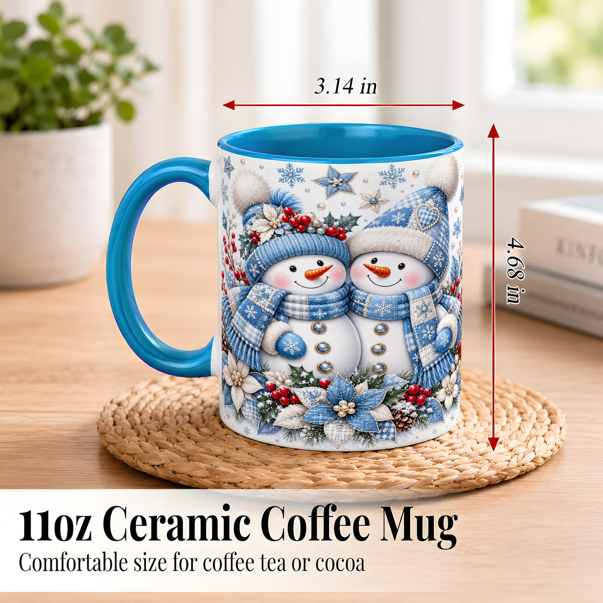 #pl[11oz|Blue] Snowman Couple Christmas Coffee Mug, Patchwork Winter Mug, Ceramic Cup