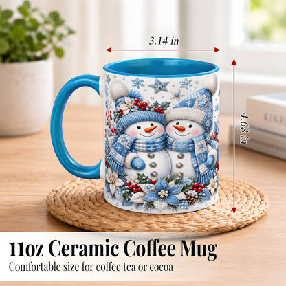 #pl[11oz|Blue] Snowman Couple Christmas Coffee Mug, Patchwork Winter Mug, Ceramic Cup