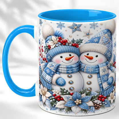 #pl[11oz|Blue] Snowman Couple Christmas Coffee Mug, Patchwork Winter Mug, Ceramic Cup